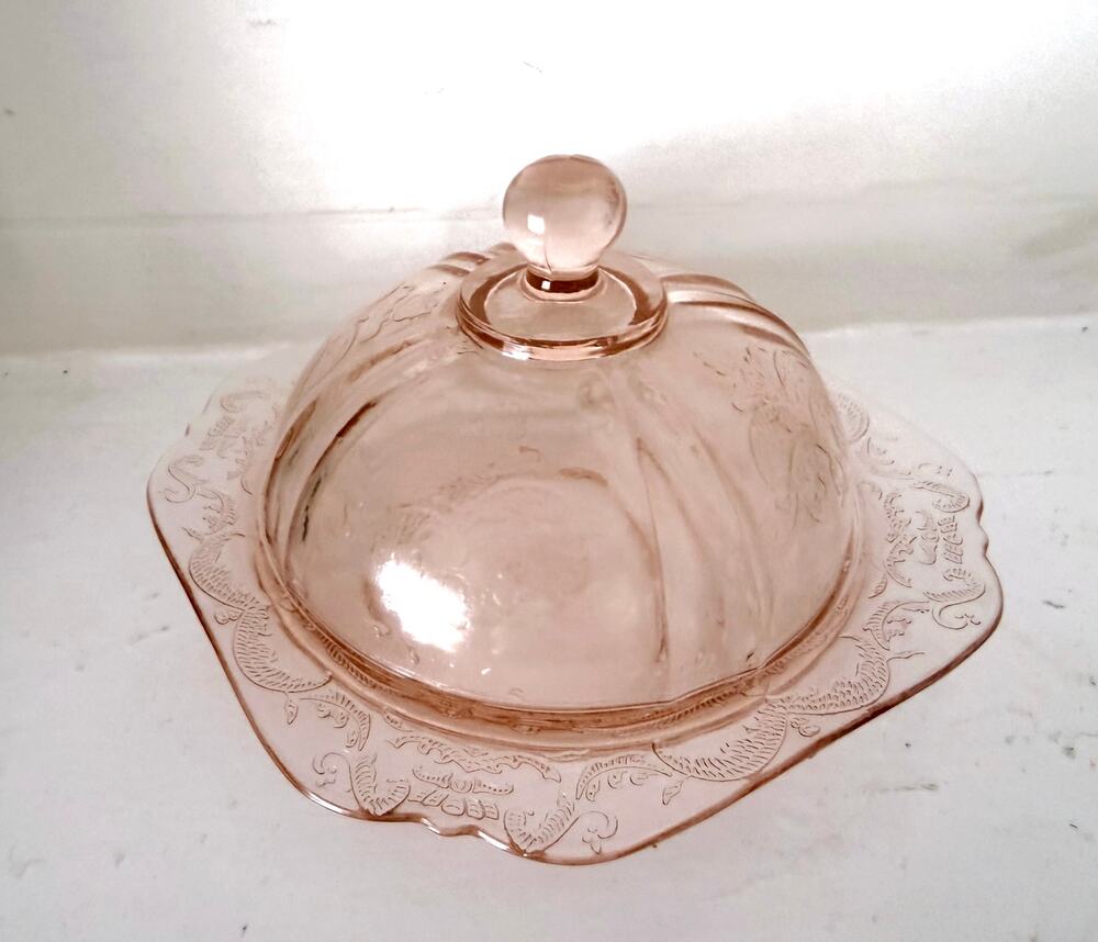 Indiana Glass Pink Recollection Madrid Round Domed Butter Cheese Dish Depression